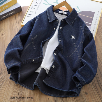 Chlapčenská džínová košeľa-jakna s fleecovou podšívkou, dlhý rukáv, zimný model 2025, 95% bavlna, jednofarebná, hrubá, pre deti od 8 rokov