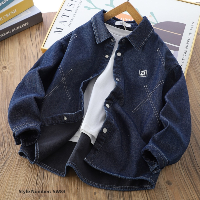 Chlapčenská džínová košeľa-jakna s fleecovou podšívkou, dlhý rukáv, zimný model 2025, 95% bavlna, jednofarebná, hrubá, pre deti od 8 rokov