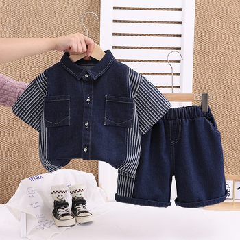 Dječji ljetni set: denim košulja kratkih rukava s vertikalnim prugama i patchwork detaljima, dvodijelni