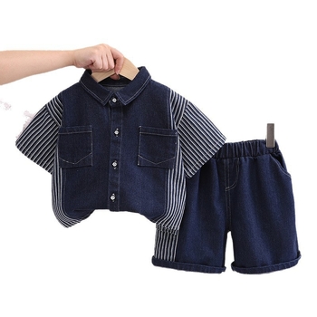 Dječji ljetni set: denim košulja kratkih rukava s vertikalnim prugama i patchwork detaljima, dvodijelni