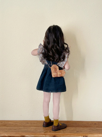 Set de două piese pentru fetițe: top floral și fustă din denim cu bretele, ținută de vară pentru copii 3–8 ani, material din bumbac-poliester