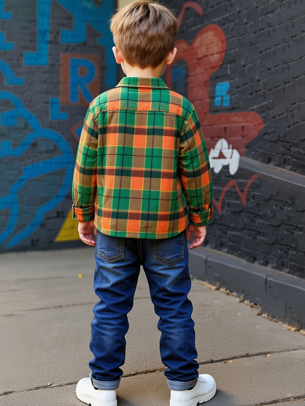Detský dvojdielny set pre chlapcov: káro vzor v geometrickom žakarde a džínsy, polyester, jar a jeseň