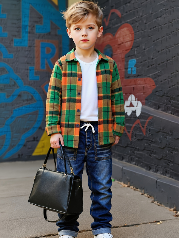 Detský dvojdielny set pre chlapcov: káro vzor v geometrickom žakarde a džínsy, polyester, jar a jeseň