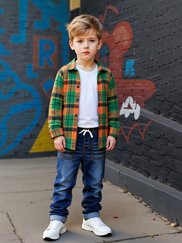 Detský dvojdielny set pre chlapcov: káro vzor v geometrickom žakarde a džínsy, polyester, jar a jeseň