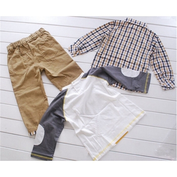 Trojdielny detský set: kockovaná košeľa s tričkom a retro nohavice; ľahká tkanina z regenerovanej celulózovej vlákny (85%); vek 1–3 roky, jar a jeseň.