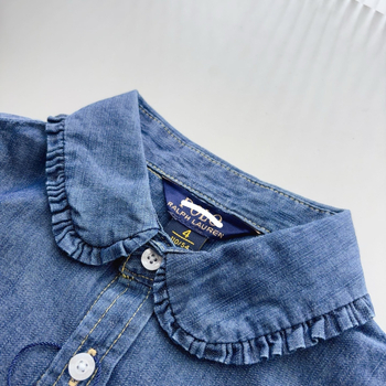 Lányoknak szóló denim ing csipkés gallérral, csíkos mintázat, hosszú ujjú, 70–80% pamut