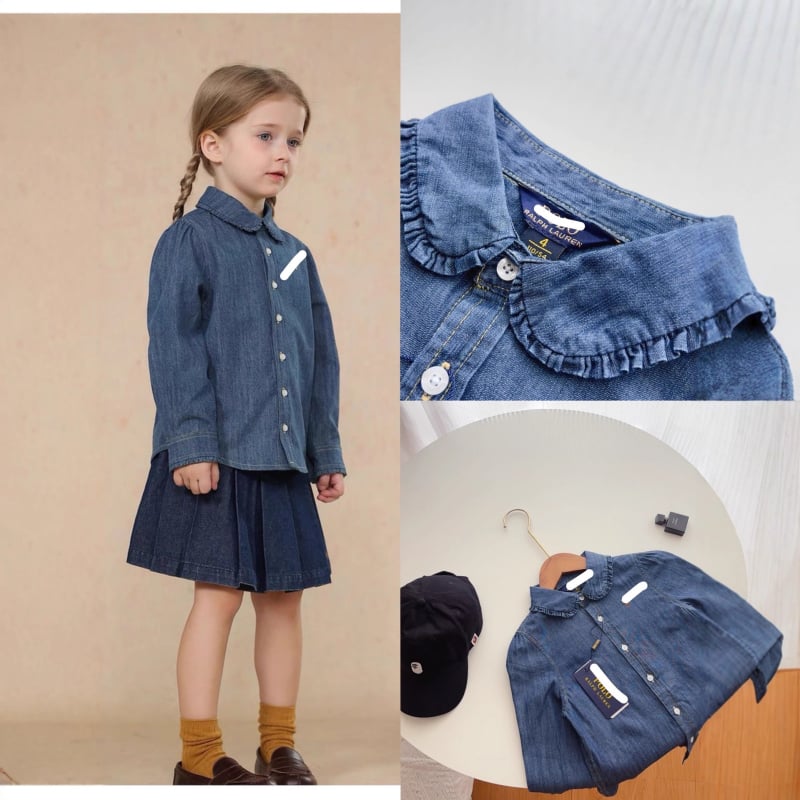 Lányoknak szóló denim ing csipkés gallérral, csíkos mintázat, hosszú ujjú, 70–80% pamut