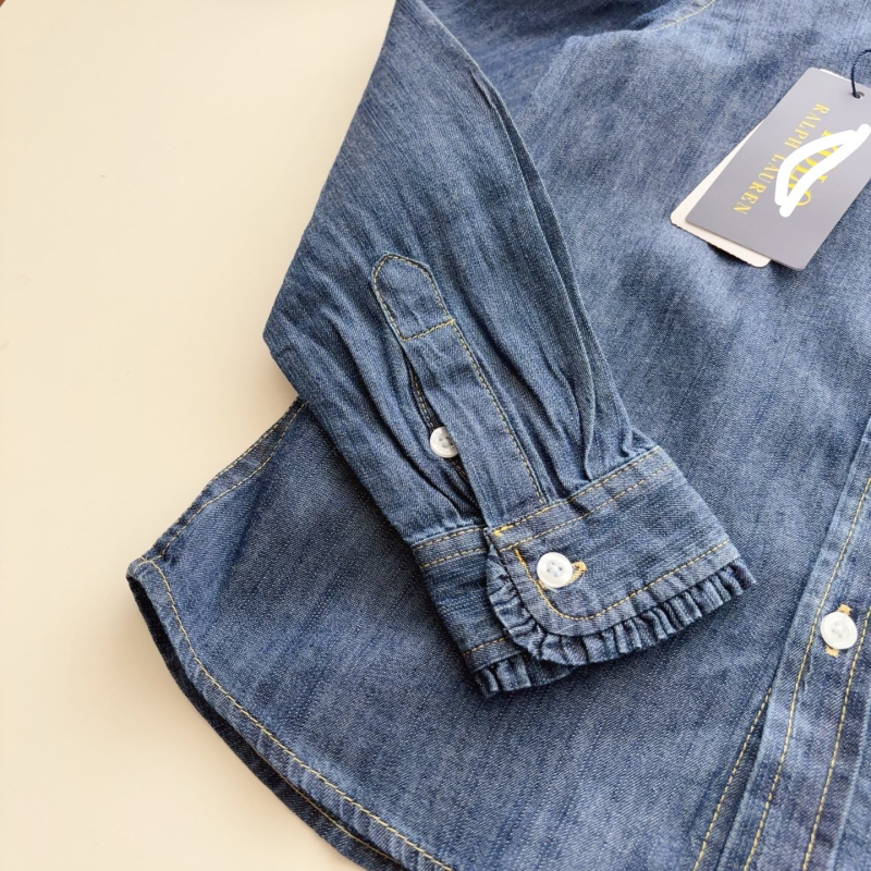 Lányoknak szóló denim ing csipkés gallérral, csíkos mintázat, hosszú ujjú, 70–80% pamut