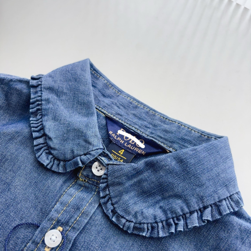 Lányoknak szóló denim ing csipkés gallérral, csíkos mintázat, hosszú ujjú, 70–80% pamut