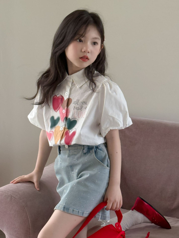 Lányoknak szóló nyári ing, 2025, szív mintás, buborékos ujjú, reveres gallér, 90% pamut