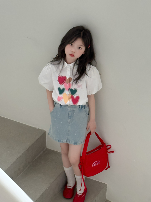 Lányoknak szóló nyári ing, 2025, szív mintás, buborékos ujjú, reveres gallér, 90% pamut