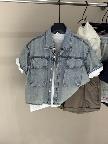 Παιδικό τζιν πουκάμισο, κορεατικού στυλ, κοντά μανίκια, 95% βαμβάκι, unisex (3–8 ετών)