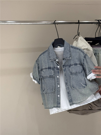 Παιδικό τζιν πουκάμισο, κορεατικού στυλ, κοντά μανίκια, 95% βαμβάκι, unisex (3–8 ετών)