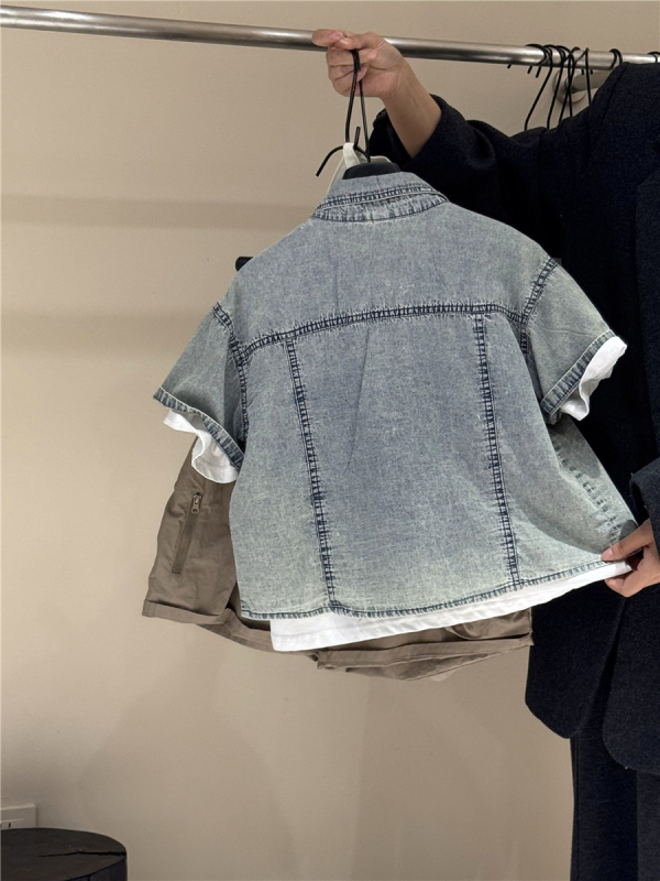 Παιδικό τζιν πουκάμισο, κορεατικού στυλ, κοντά μανίκια, 95% βαμβάκι, unisex (3–8 ετών)