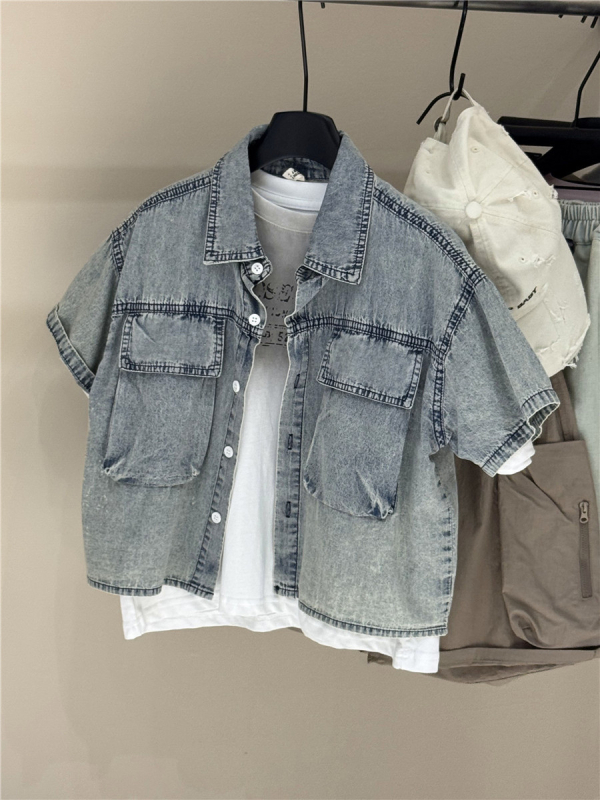 Παιδικό τζιν πουκάμισο, κορεατικού στυλ, κοντά μανίκια, 95% βαμβάκι, unisex (3–8 ετών)