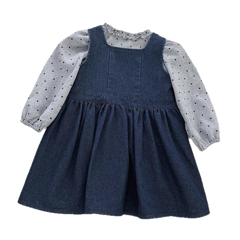 Dječji dvodijelni set u korejskom stilu: košulica s dugim rukavima s točkicama i denim pinafore haljina, glavni materijal 70% pamuk, za uzrast 3–8 godina.