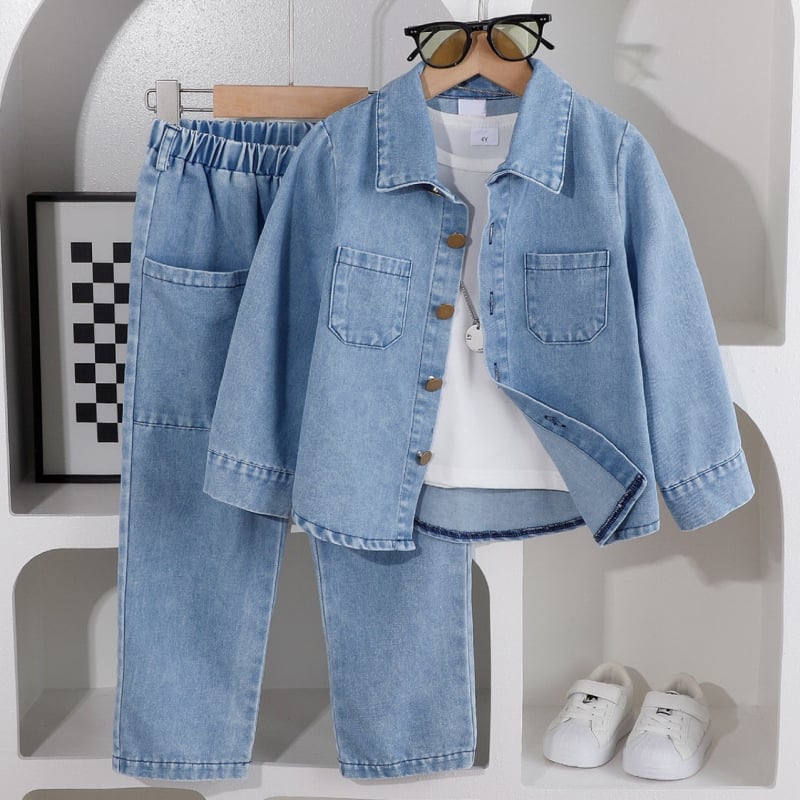 Chlapčeva denimska košulja-jaka, dvodijelni komplet hlača, dugi rukav, casual stil, za dječake 3–8 godina, proljeće