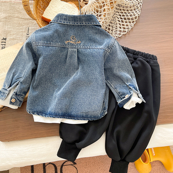 Σετ κοστουμιού αγόρια με denim πουκάμισο, τριών μερών, 95% βαμβάκι, κορεατικό στυλ, για άνοιξη και φθινόπωρο