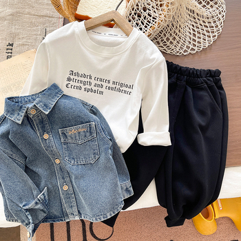Σετ κοστουμιού αγόρια με denim πουκάμισο, τριών μερών, 95% βαμβάκι, κορεατικό στυλ, για άνοιξη και φθινόπωρο