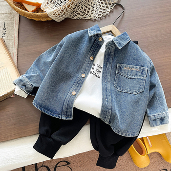 Σετ κοστουμιού αγόρια με denim πουκάμισο, τριών μερών, 95% βαμβάκι, κορεατικό στυλ, για άνοιξη και φθινόπωρο