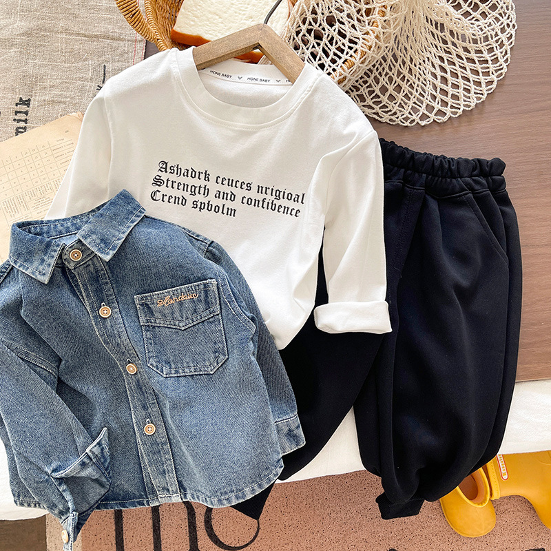 Σετ κοστουμιού αγόρια με denim πουκάμισο, τριών μερών, 95% βαμβάκι, κορεατικό στυλ, για άνοιξη και φθινόπωρο