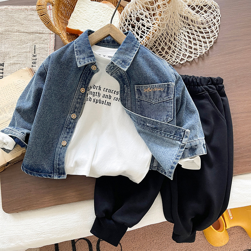 Σετ κοστουμιού αγόρια με denim πουκάμισο, τριών μερών, 95% βαμβάκι, κορεατικό στυλ, για άνοιξη και φθινόπωρο