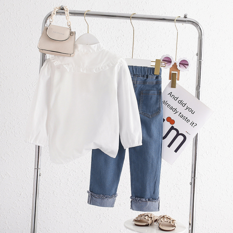Dječji dvodijelni set: majica s dugim rukavima i ovratnikom u stilu lutke + cropped denim hlače, karikaturalni uzorak, korejski stil, za uzrast 3–8 godina, proljeće–jesen, 70% pamuk