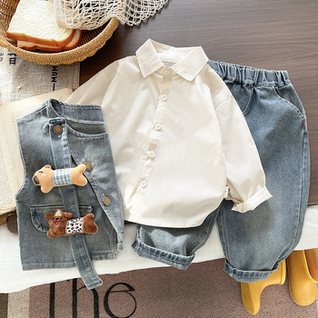 Muški dječji denim trodjelni set s košulom, proljeće-jesen, pamuk+elastan