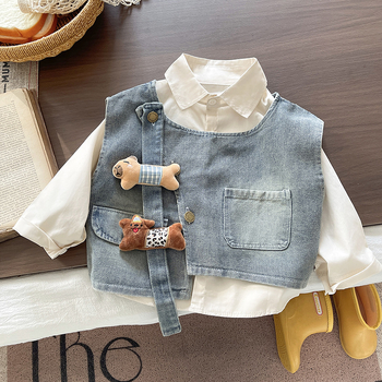 Muški dječji denim trodjelni set s košulom, proljeće-jesen, pamuk+elastan