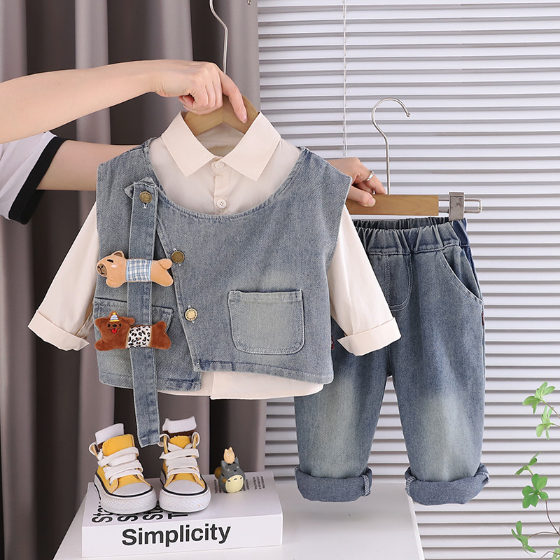 Muški dječji denim trodjelni set s košulom, proljeće-jesen, pamuk+elastan