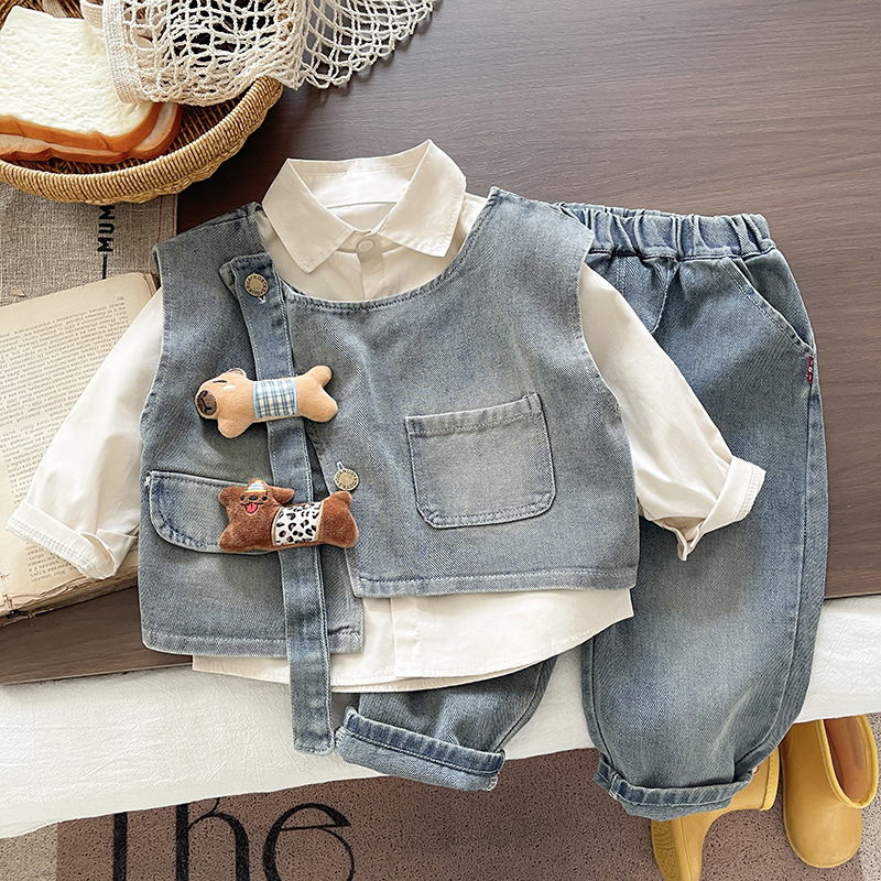 Muški dječji denim trodjelni set s košulom, proljeće-jesen, pamuk+elastan