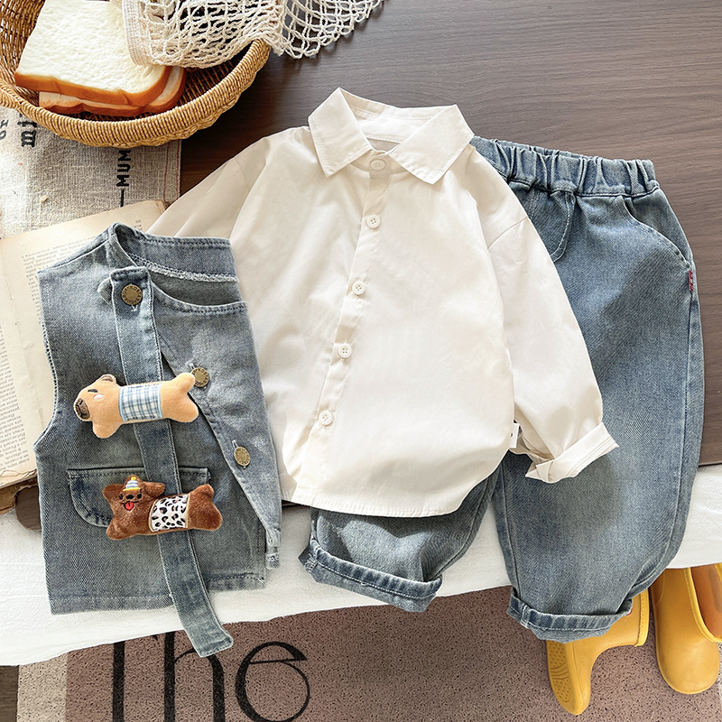 Muški dječji denim trodjelni set s košulom, proljeće-jesen, pamuk+elastan
