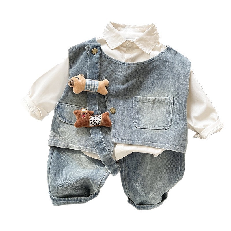 Muški dječji denim trodjelni set s košulom, proljeće-jesen, pamuk+elastan