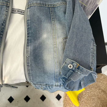 Παιδικό τζιν μπουφάν, κορεατικού στυλ, με κολάρο-στάση, μακριά μανίκια, απαλό πλύσιμο με ένζυμα