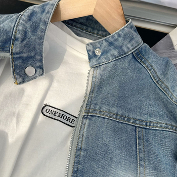 Παιδικό τζιν μπουφάν, κορεατικού στυλ, με κολάρο-στάση, μακριά μανίκια, απαλό πλύσιμο με ένζυμα