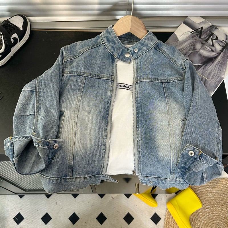 Παιδικό τζιν μπουφάν, κορεατικού στυλ, με κολάρο-στάση, μακριά μανίκια, απαλό πλύσιμο με ένζυμα