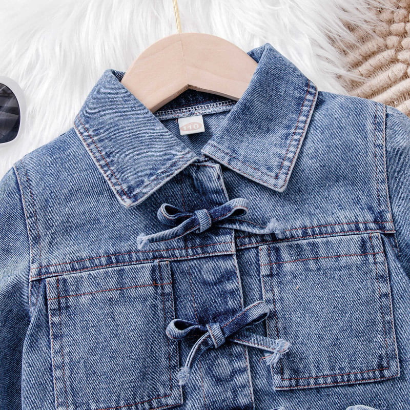 Dječji denim set: košulja s mašnicom i gumbima te denim suknja, jesenski stil