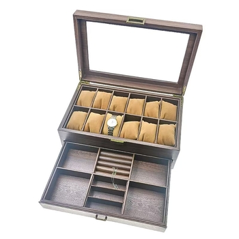 Kutija za pohranu satova i nakita s uzorkom drveta u koži, dvostruka etaža, 12 pretinaca