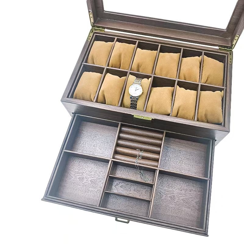 Kutija za pohranu satova i nakita s uzorkom drveta u koži, dvostruka etaža, 12 pretinaca