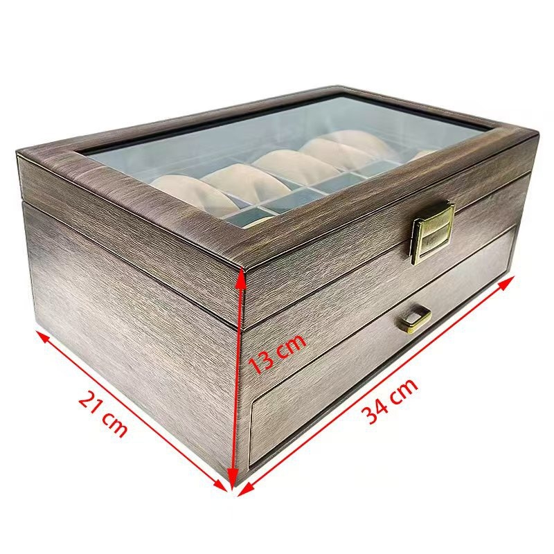 Kutija za pohranu satova i nakita s uzorkom drveta u koži, dvostruka etaža, 12 pretinaca