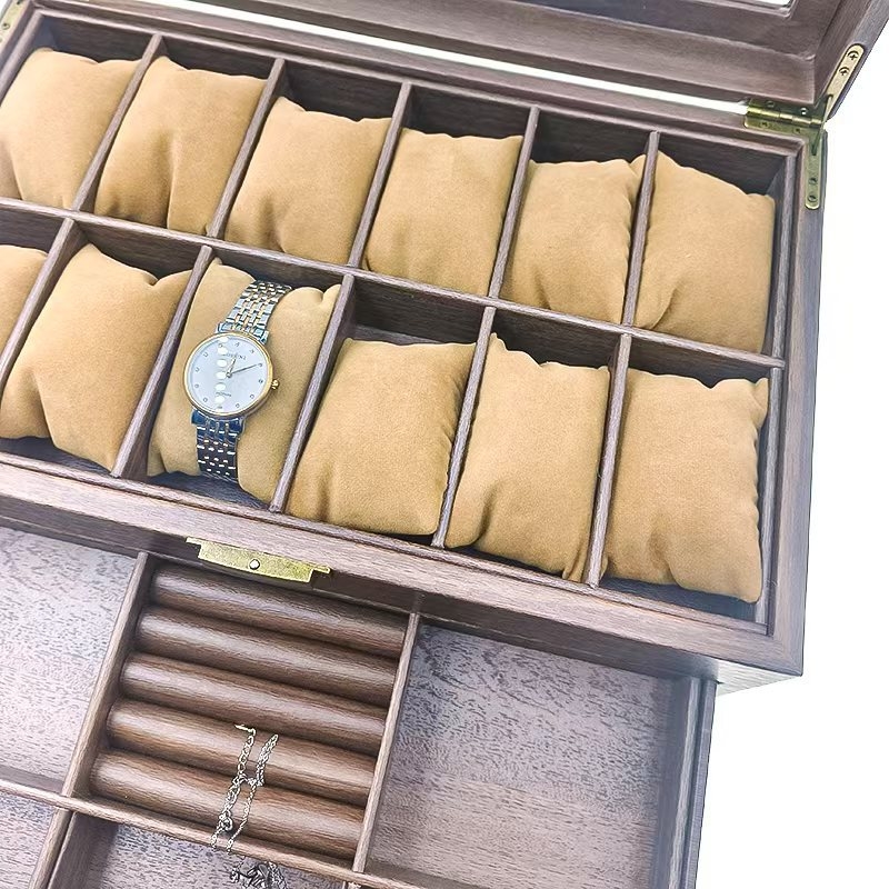 Kutija za pohranu satova i nakita s uzorkom drveta u koži, dvostruka etaža, 12 pretinaca