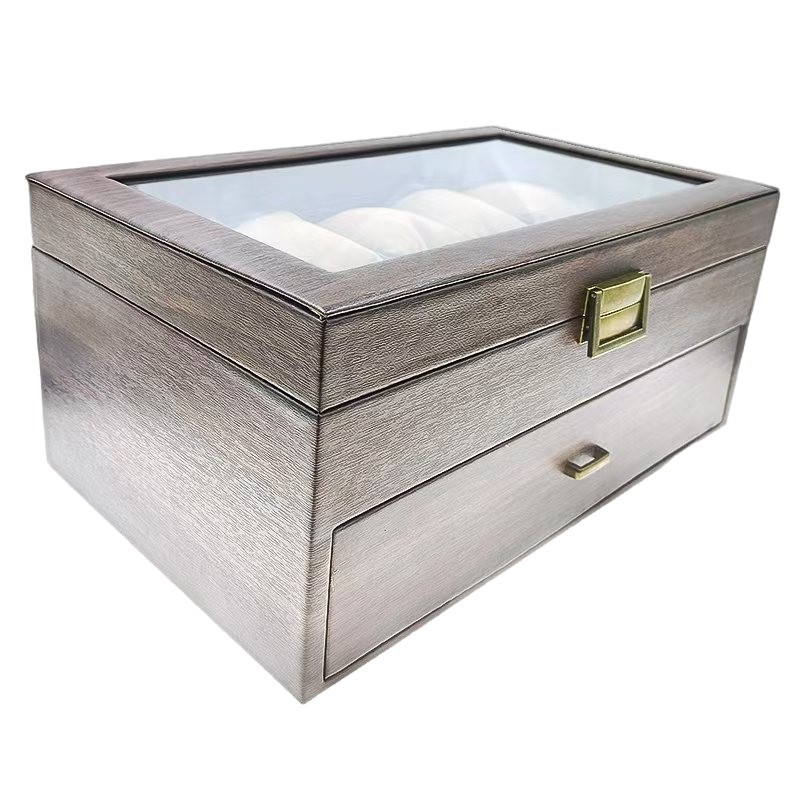 Kutija za pohranu satova i nakita s uzorkom drveta u koži, dvostruka etaža, 12 pretinaca