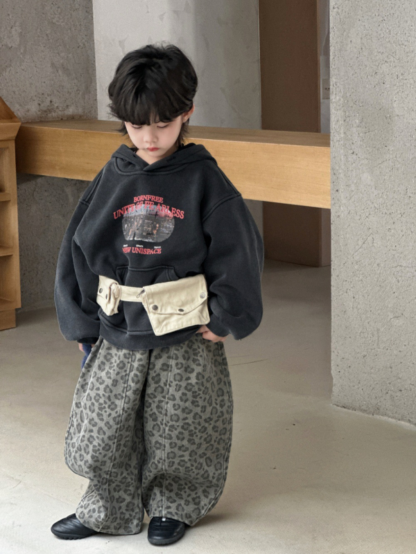 Pantaloni denim pentru copii, pentru băieți, imprimeu leopard, căptușiți cu fleece, croială largă, stil coreean