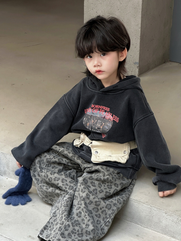 Pantaloni denim pentru copii, pentru băieți, imprimeu leopard, căptușiți cu fleece, croială largă, stil coreean