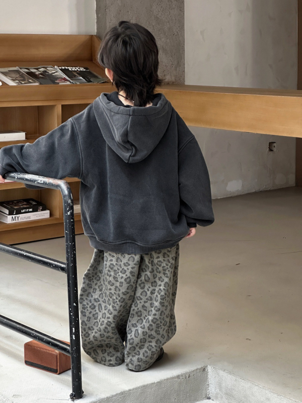 Pantaloni denim pentru copii, pentru băieți, imprimeu leopard, căptușiți cu fleece, croială largă, stil coreean