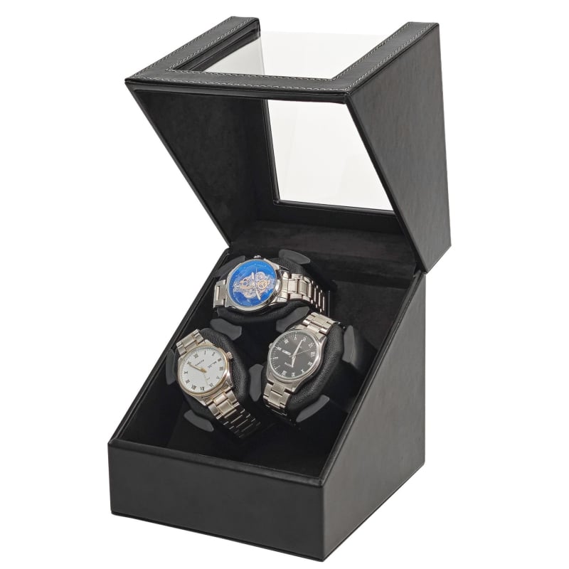 Winder pentru ceasuri cu 3 compartimente, piele, complet automat, construcție MDF+PU, cu capac, model SKW113PU-3W/AM