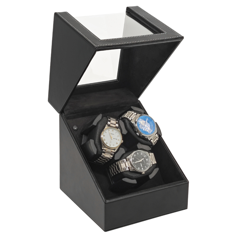 Winder pentru ceasuri cu 3 compartimente, piele, complet automat, construcție MDF+PU, cu capac, model SKW113PU-3W/AM