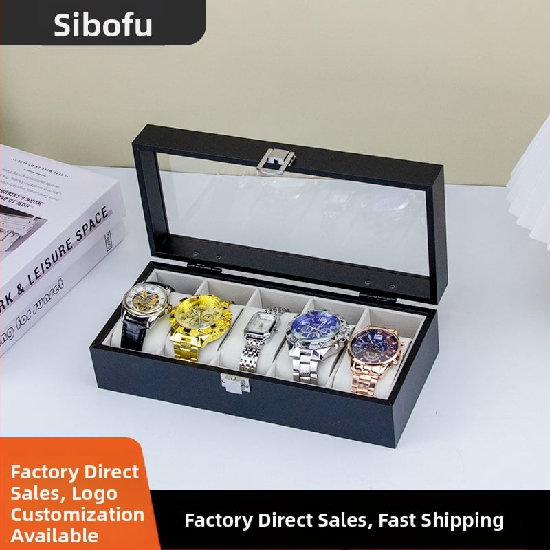 Cutie din lemn pentru ceasuri, 6 compartimente, cu skylight, MDF+PVC, model A135-b-5