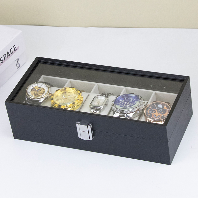 Cutie din lemn pentru ceasuri, 6 compartimente, cu skylight, MDF+PVC, model A135-b-5