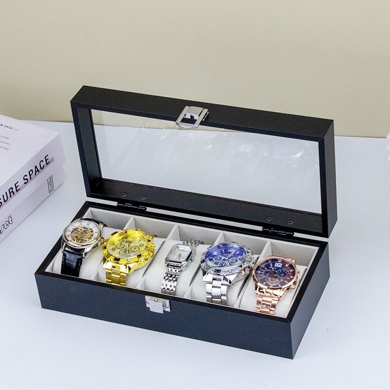 Cutie din lemn pentru ceasuri, 6 compartimente, cu skylight, MDF+PVC, model A135-b-5